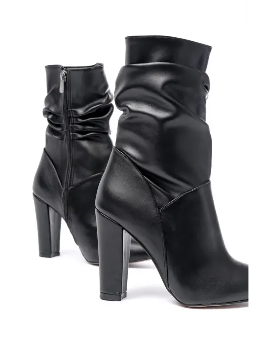 Siyah Yüksek Kalın Topuklu Körüklü Fermuarlı Kadın Bot