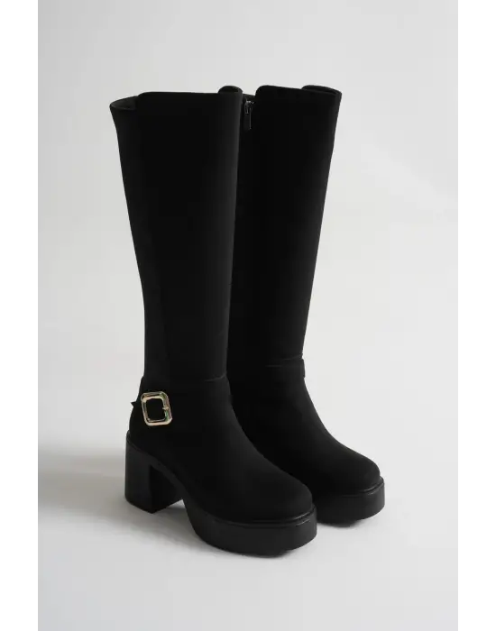 Woly Kadın Günlük Siyah Süet Tokalı Çizme