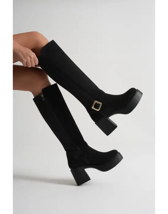 Woly Kadın Günlük Siyah Süet Tokalı Çizme