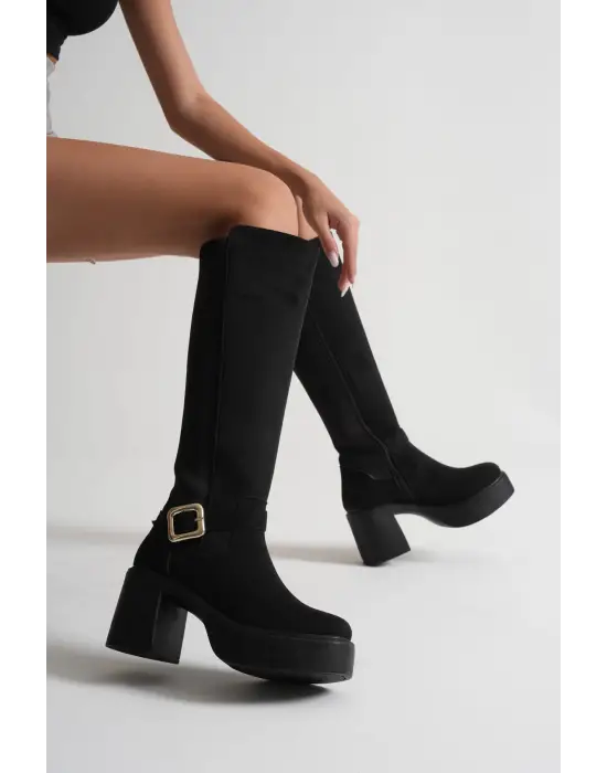 Woly Kadın Günlük Siyah Süet Tokalı Çizme