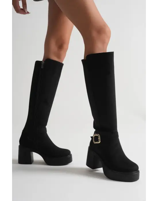 Woly Kadın Günlük Siyah Süet Tokalı Çizme