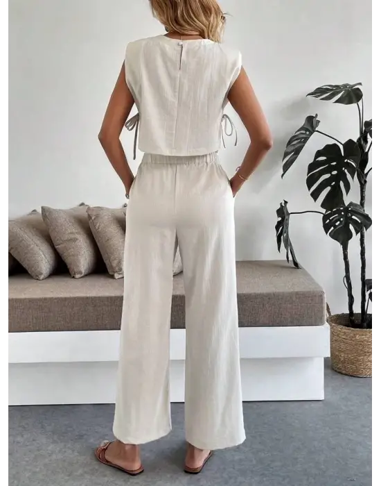 Yan Bağlama Detaylı Pantolonlu Takım Bej