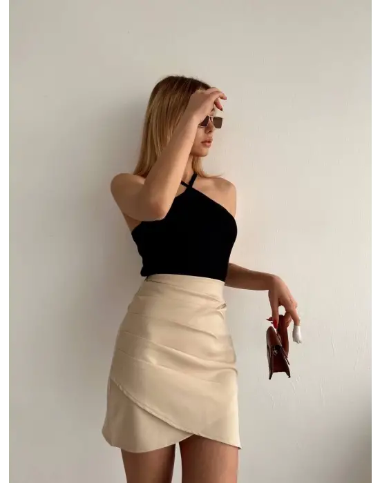 Yandan Drapeli Asimetrik Etek Bej S24771