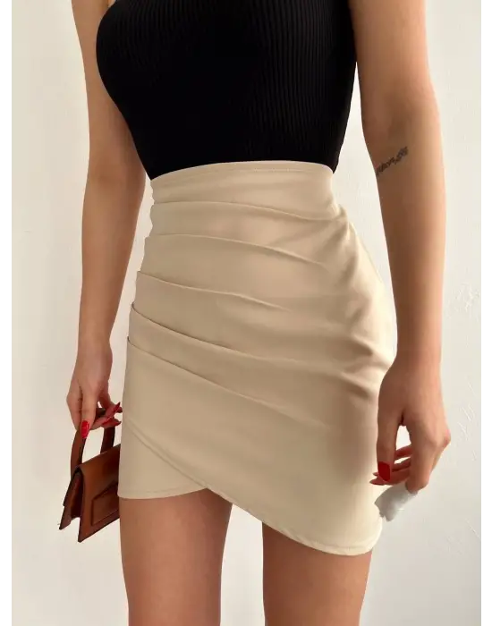 Yandan Drapeli Asimetrik Etek Bej S24771