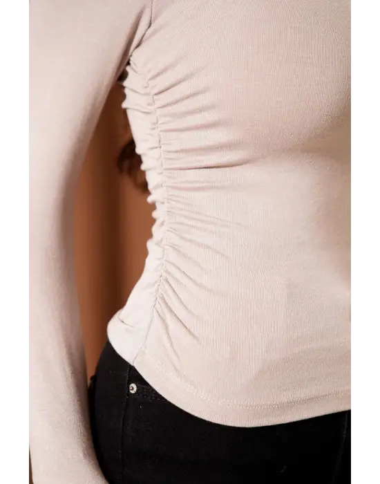 Yanı Büzgülü Bluz Vizon T4322