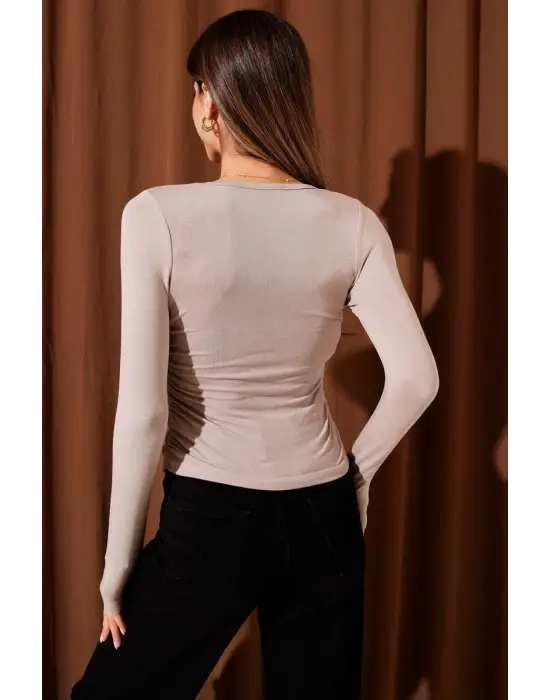 Yanı Büzgülü Bluz Vizon T4322