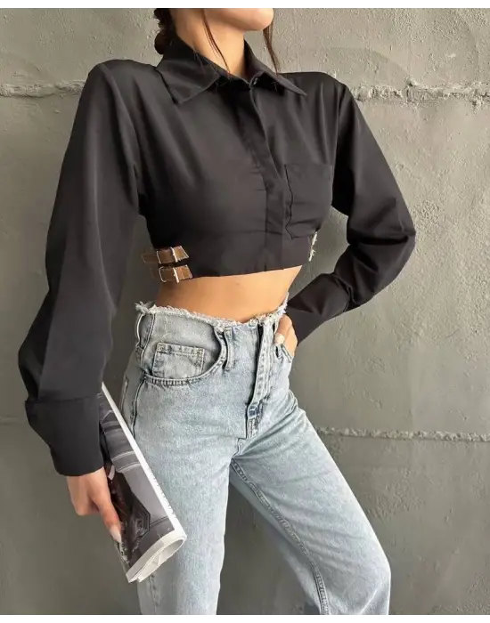 Yanı Kemer Detaylı Crop Gömlek Siyah S4009
