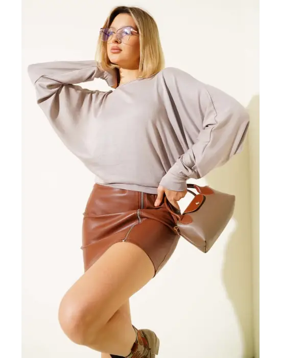 Yarasa Kol Salaş Bluz Vizon T4273