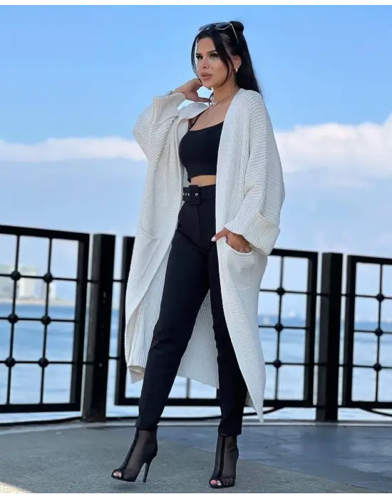 Yarasa Kol Uzun Triko Hırka Beyaz