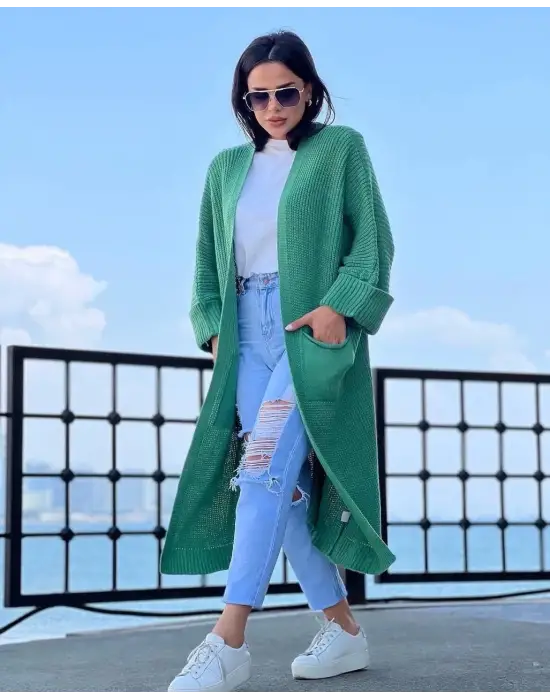 Yarasa Kol Uzun Triko Hırka Çağla Yeşili