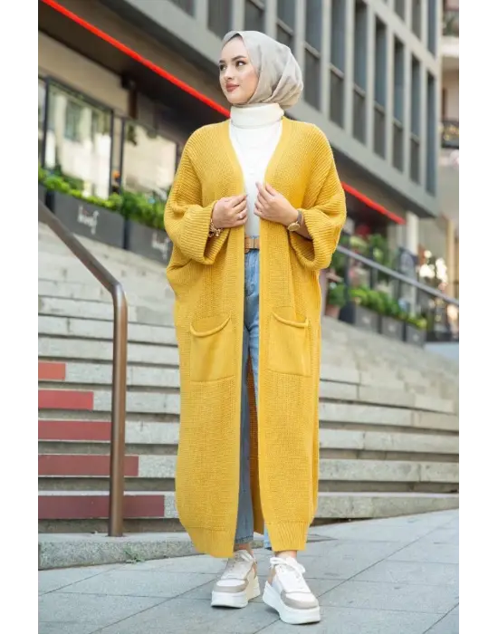 Yarasa Kol Uzun Triko Hırka Hardal