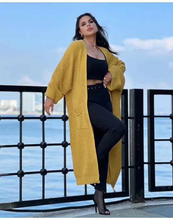 Yarasa Kol Uzun Triko Hırka Hardal