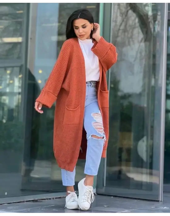 Yarasa Kol Uzun Triko Hırka Kremit