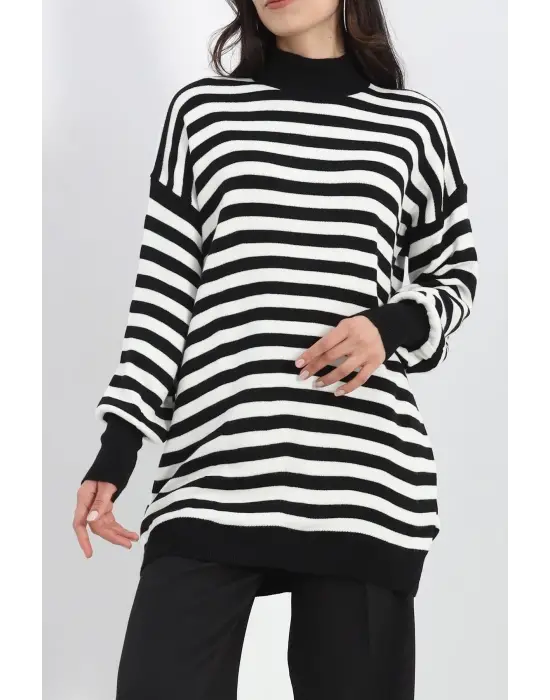 Yarım Balıkçı Yaka Çizgili Oversize Triko Kazak Siyahbeyaz