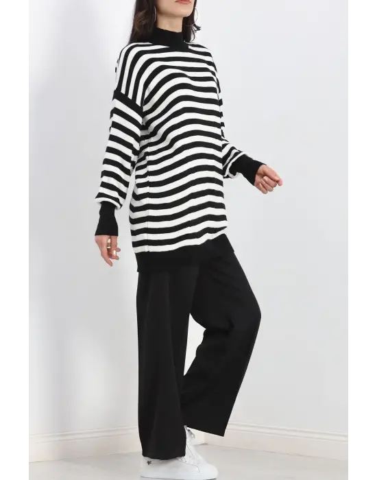 Yarım Balıkçı Yaka Çizgili Oversize Triko Kazak Siyahbeyaz