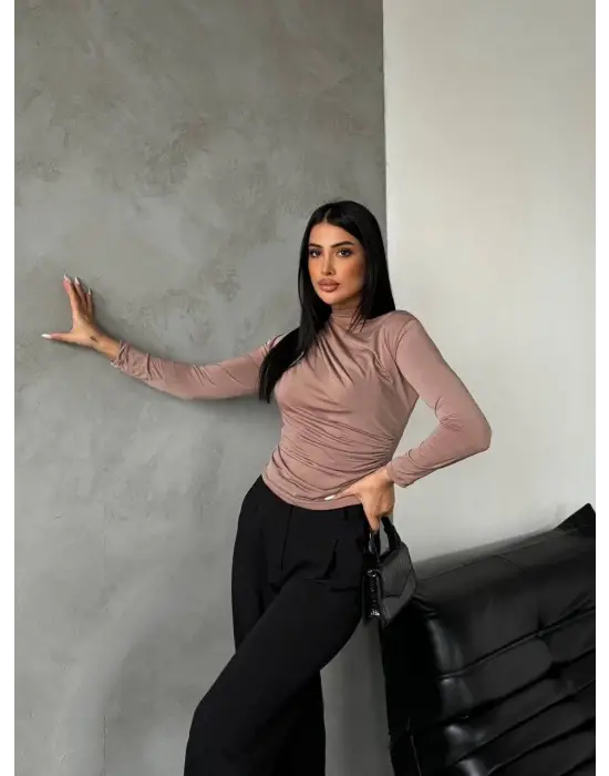 Yarım Boğazlı Bluz Vizon F2245