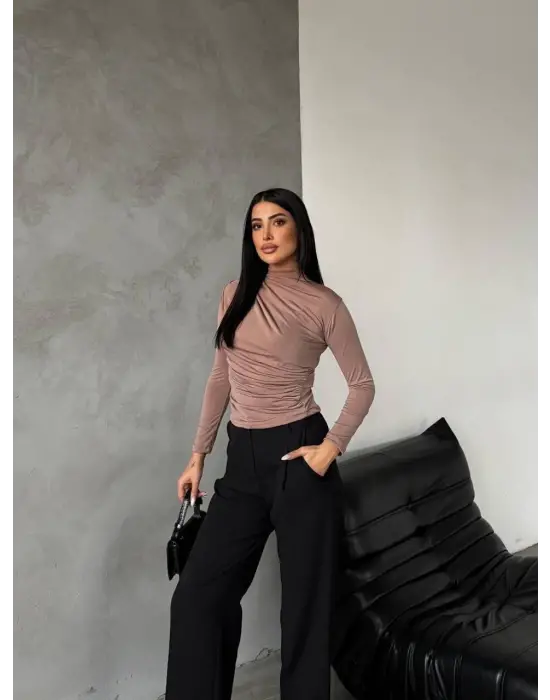 Yarım Boğazlı Bluz Vizon F2245