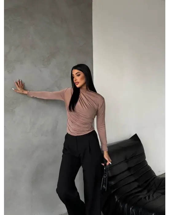 Yarım Boğazlı Bluz Vizon F2245