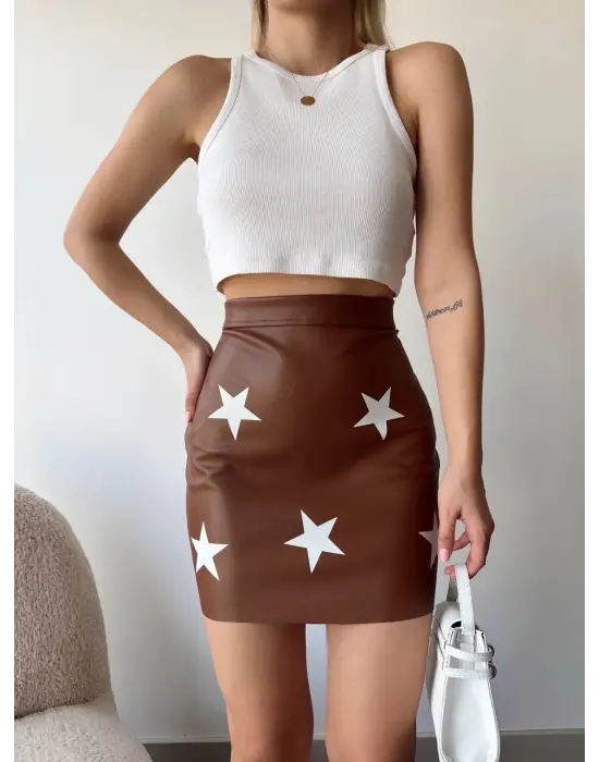 Yıldız Baskılı Deri Etek Kahve
