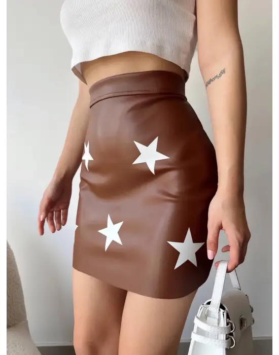Yıldız Baskılı Deri Etek Kahve