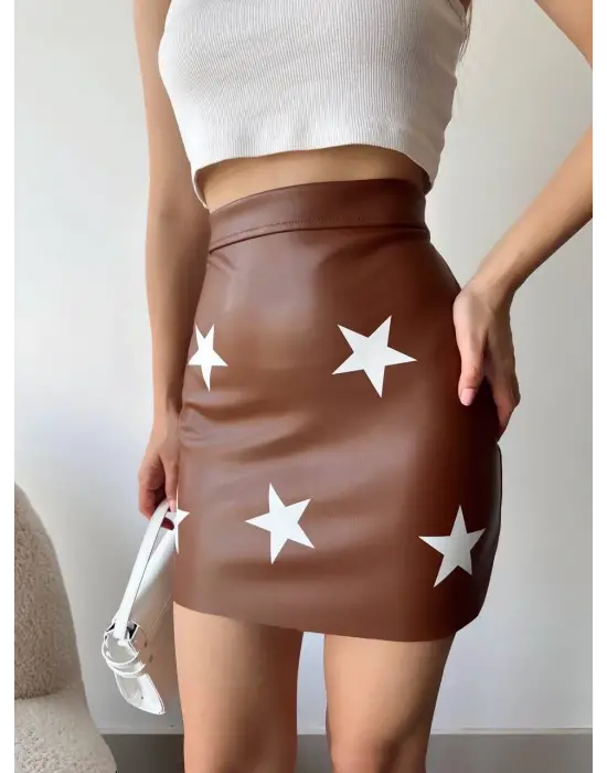 Yıldız Baskılı Deri Etek Kahve