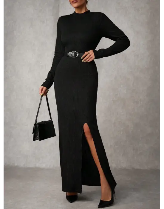 Yırtmaçlı Jakarlı Uzun Elbise Siyah A3793