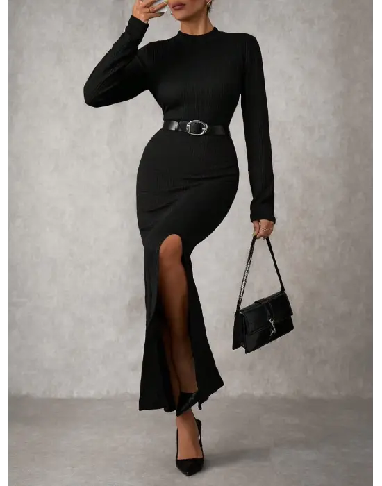 Yırtmaçlı Jakarlı Uzun Elbise Siyah A3793