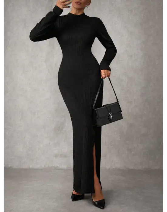 Yırtmaçlı Jakarlı Uzun Elbise Siyah A3793