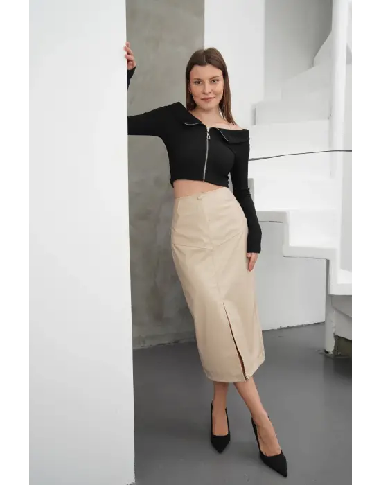 Yırtmaçlı Uzun Deri Etek Bej