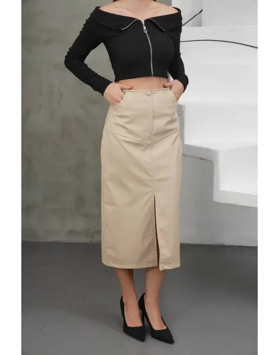 Yırtmaçlı Uzun Deri Etek Bej