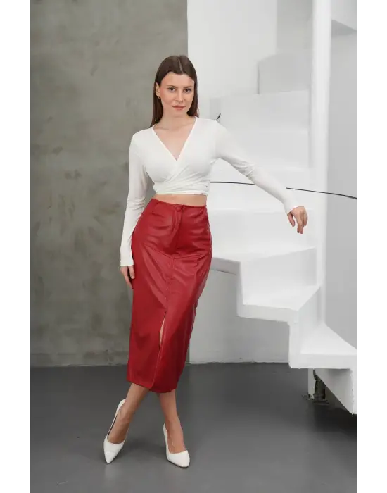 Yırtmaçlı Uzun Deri Etek Bordo