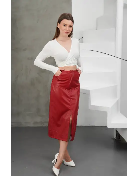 Yırtmaçlı Uzun Deri Etek Bordo