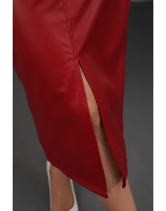 Yırtmaçlı Uzun Deri Etek Bordo