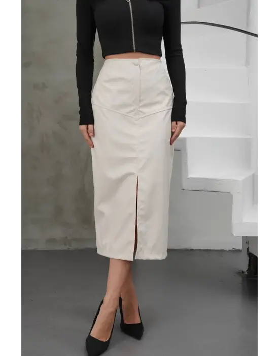 Yırtmaçlı Uzun Deri Etek Krem