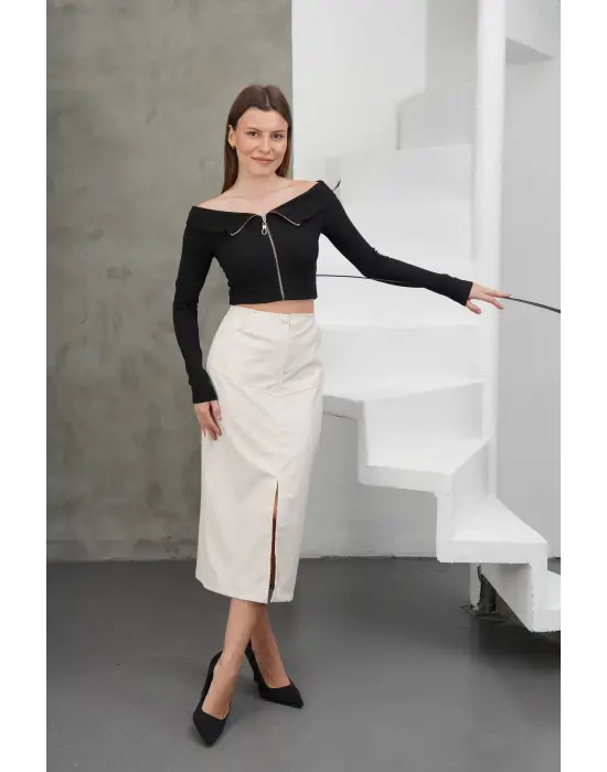 Yırtmaçlı Uzun Deri Etek Krem