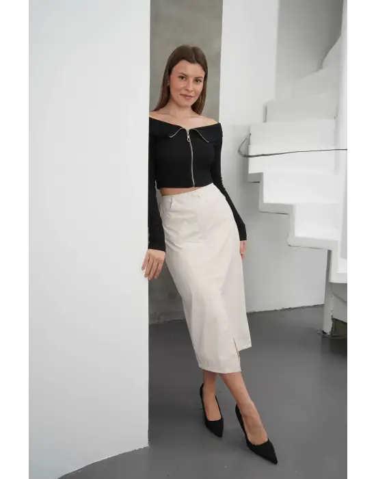 Yırtmaçlı Uzun Deri Etek Krem