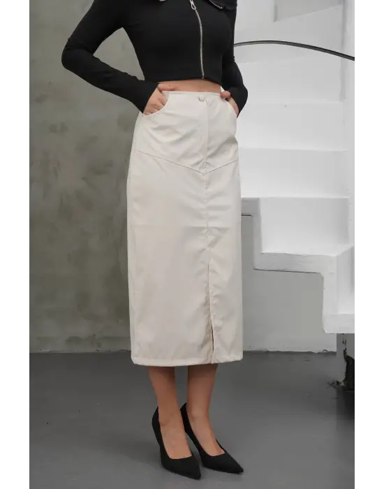 Yırtmaçlı Uzun Deri Etek Krem