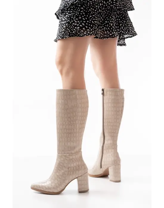 Ysn-4422 Bej Kroko Topuklu Kadın Çizme