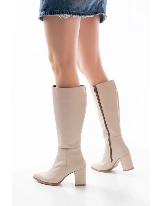 Bej Topuklu Kadın Çizme