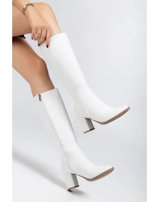 Ysn-4422 Beyaz Cilt Topuklu Kadın Çizme