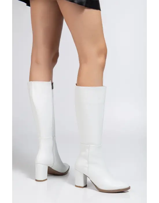 Ysn-4422 Beyaz Cilt Topuklu Kadın Çizme