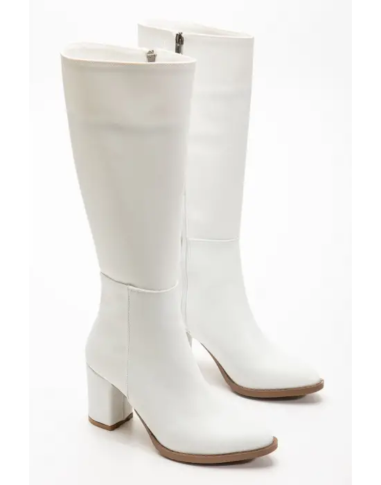Ysn-4422 Beyaz Cilt Topuklu Kadın Çizme
