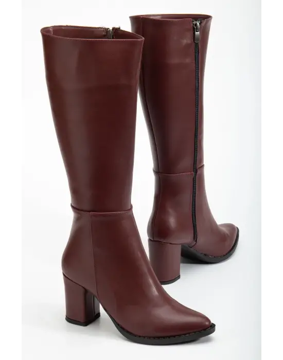 Ysn-4422 Bordo Cilt Topuklu Kadın Çizme