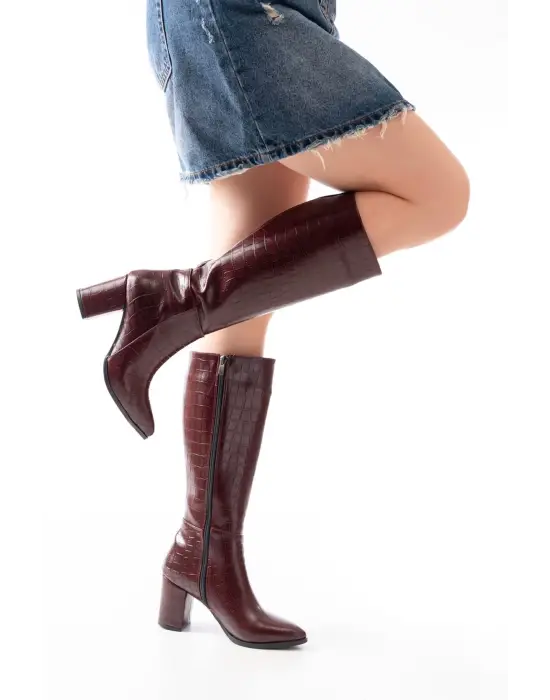 Ysn-4422 Bordo Kroko Topuklu Kadın Çizme