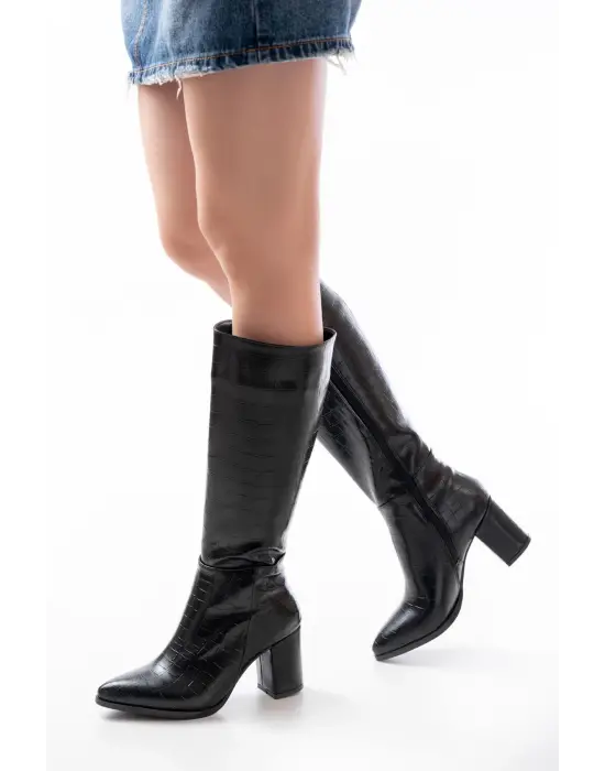 Siyah Kroko Topuklu Kadın Çizme
