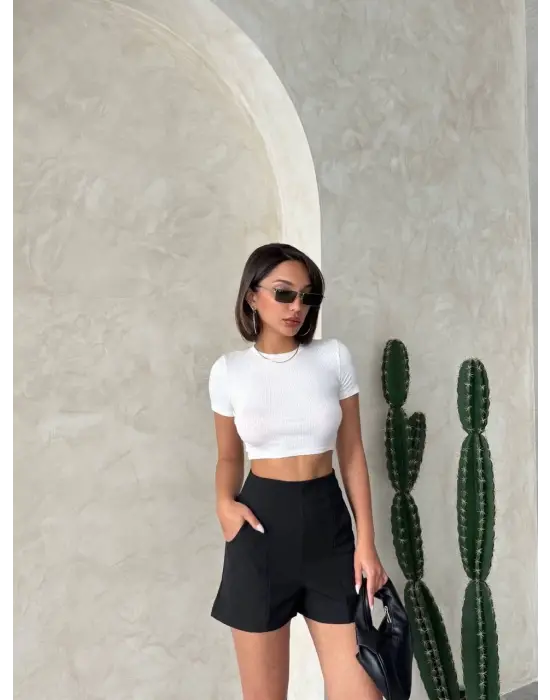 Yüksek Bel Parçalı Double Kumaş Şort S25312