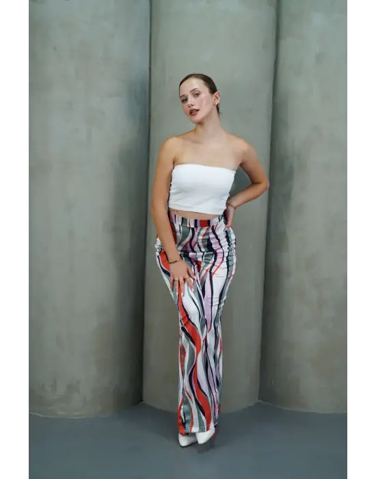 Yüksek Bel Uzun Çok Renkli Baskılı Palazzo Pantolon Gri