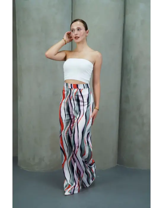 Yüksek Bel Uzun Çok Renkli Baskılı Palazzo Pantolon Gri
