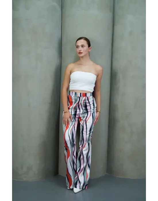 Yüksek Bel Uzun Çok Renkli Baskılı Palazzo Pantolon Gri