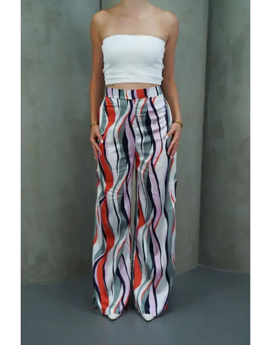 Yüksek Bel Uzun Çok Renkli Baskılı Palazzo Pantolon Gri